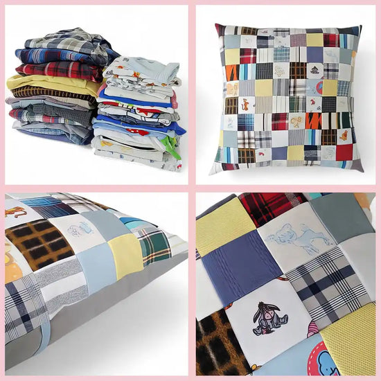 Un cuscino fatto da una patchwork di quadrati di tessuto colorati, alcuni a fantasia e altri di un colore solido, con vari disegni ricamati.