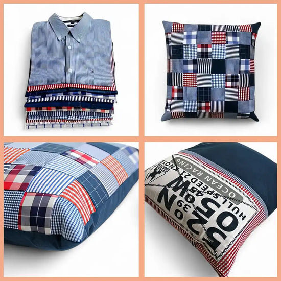 Cuscini decorativi imbottiti realizzati con tessuto di camicie a righe e scozzese riutilizzato.