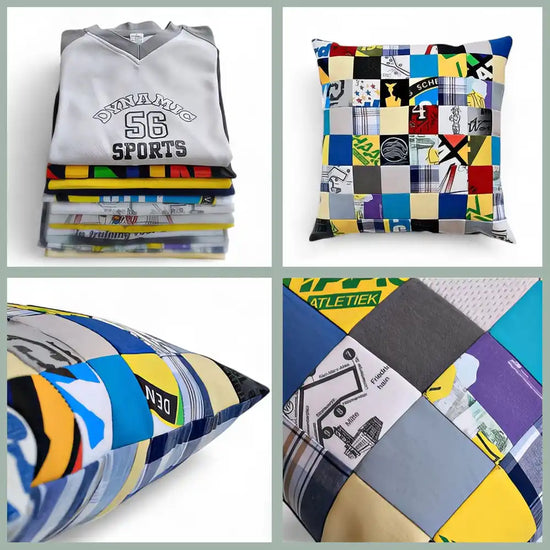 Un cuscino decorativo a patchwork realizzato con magliette sportive riutilizzate.