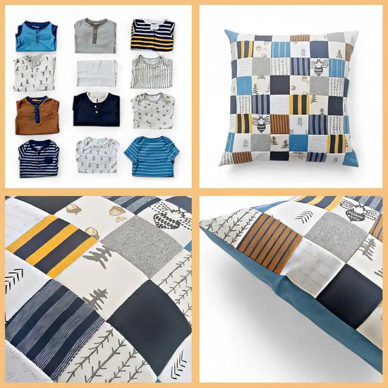 Un cuscino patchwork con vari motivi, tra cui strisce, alberi e api, in tonalità di blu, grigio, marrone e giallo.